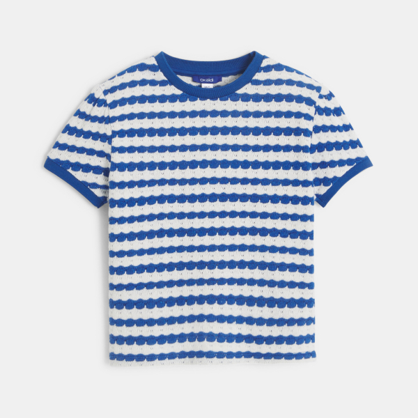 كنزة مخططة بأكمام قصيرة باللون الأزرق للفتيات